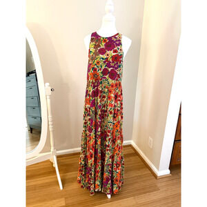 Natural Life Maxi Dress Large Retro Floral Patchwork Tiered Halter Tie Back Boho